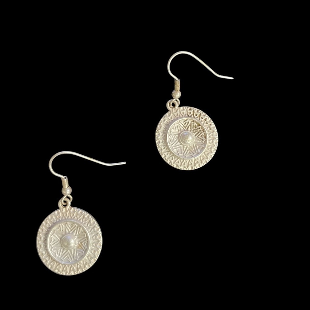 Aztec sun silver disc earrings, Bohemian, disc, gypsy, hippie, sunburst, boho